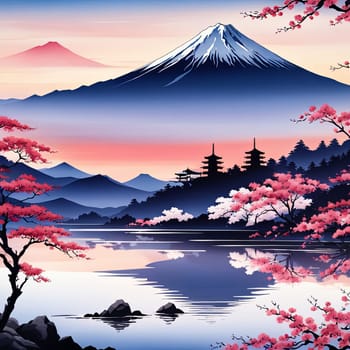 Japanese pagoda set against iconic Mount Fuji, capturing essence of traditional Japanese landscape, architecture. For art, creative projects, fashion, style, advertising campaigns, web design, print