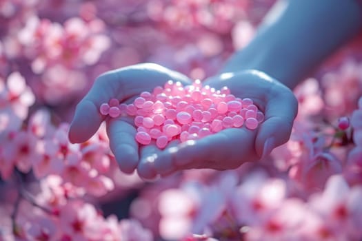 A close-up shot of a persons hands holding pink pills against a neutral background.