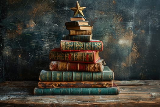 A stack of books with a star-shaped ornament placed on the top book, against a plain background.