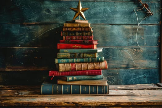 A stack of books with a gold star on top showcased in a professional photograph.