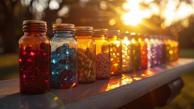 A collection of jars filled with various types of colorful beads neatly arranged in a row.