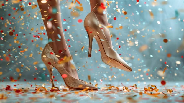 A pair of womens high heels in gold color, with confetti falling elegantly from them.
