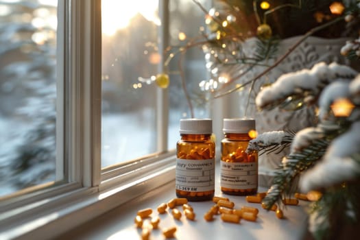Two medical bottles filled with pills are placed on a window sill.