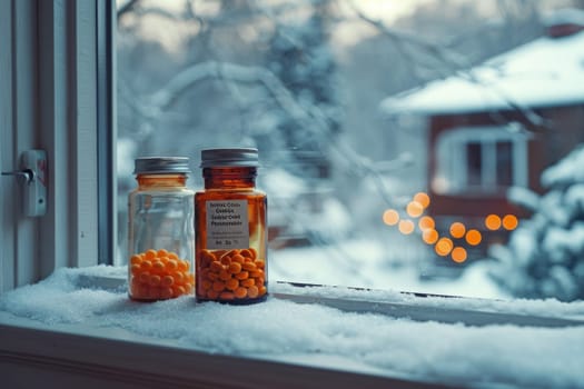Two jars of pills are placed on a window sill in this photo.