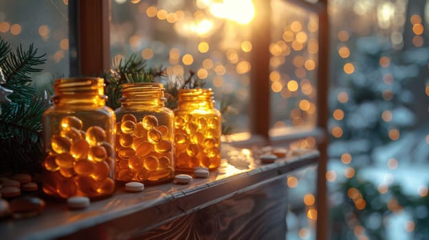 Glass jars filled with lights are placed on a window sill in front of a window, creating a warm and cozy ambiance.