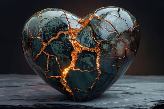 A heart shaped ceramic vase with a visible crack running through its surface.