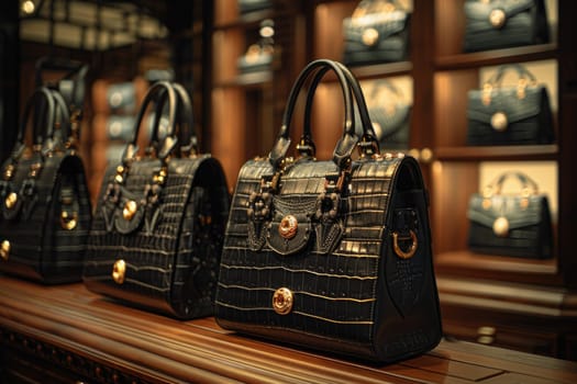 A professional photograph showcasing an array of black purses neatly aligned on a wooden shelf.