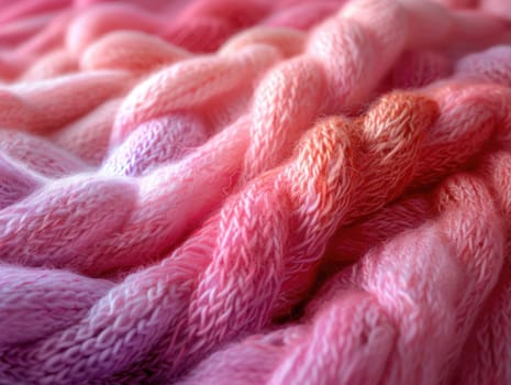 Detailed photograph emphasizing the thick strands of a pink and purple blanket.