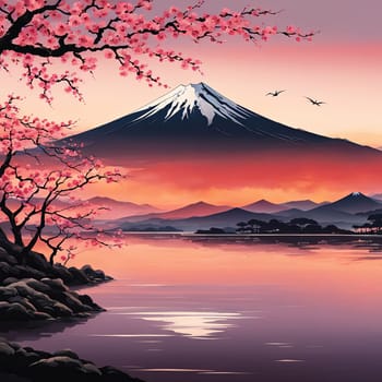 Majestic Mount Fuji, Japans iconic peak, bathed in warm hues of breathtaking sunset. Tranquil beauty of scene is accentuated by blending colors of sky. For art, creative projects, fashion, magazines