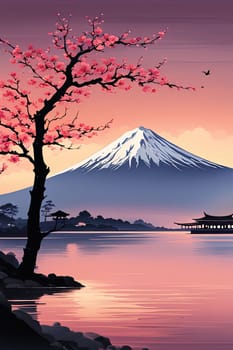 Majestic Mount Fuji, Japans iconic peak, bathed in warm hues of breathtaking sunset. Tranquil beauty of scene is accentuated by blending colors of sky. For art, creative projects, fashion, magazines