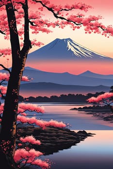 Japanese cherry blossoms in full bloom along shores of tranquil lake, capturing essence of springs beauty, tranquility. For art, creative projects, advertising campaigns, blogs, print, magazine