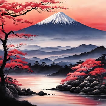Mount Fuji majestically rising in background, framed by delicate cherry blossoms in full bloom, capturing essence of Japans natural beauty, cultural significance. For art, fashion, style, magazines