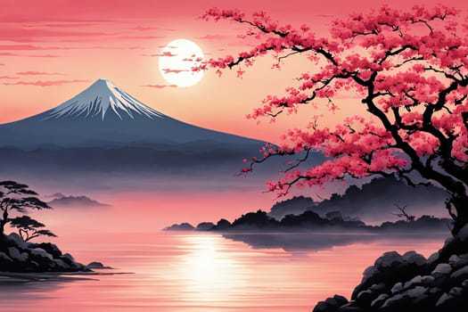 Mount Fuji at sunset, capturing majestic silhouette of mountain against vibrant, colorful sky as sun dips below horizon, creating tranquil scene. For art, creative projects, fashion, style, magazines