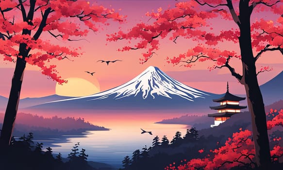 Mount Fuji majestically rising in background, framed by delicate cherry blossoms in full bloom, capturing essence of Japans natural beauty, cultural significance. For art, fashion, style, magazines