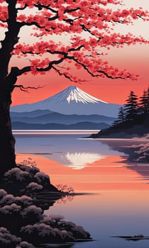 Mount Fuji range with red tree in foreground. For meditation apps, on covers of books about spiritual growth, in designs for yoga studios, spa salons, illustration for articles on inner peace, print