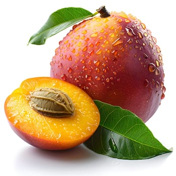 A peach, a staple food in cuisine, is a seedless fruit cut in half with water drops, making it a natural ingredient for dishes and a superfood