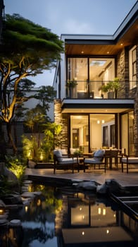This image features the exterior of a modern two-story home at twilight, showcasing its warm interior lighting, lush garden landscaping, and tranquil reflecting pond - Generative AI