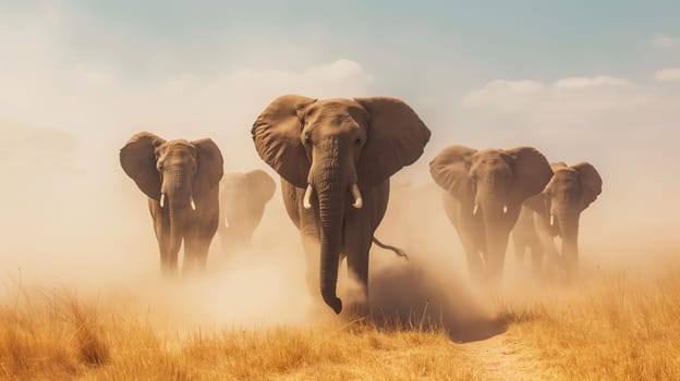 A majestic herd of elephants moves through a dusty savanna with the warm glow of the sunset enveloping them - Generative AI