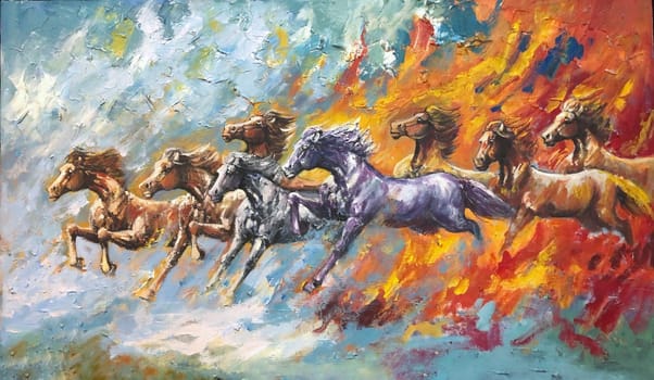 Canvas oil painting of 8 running horses, modern art, beautiful portrait