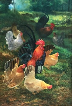 Oil painting on canvas of a group of hens and roosters in the garden behind the house