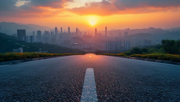 The perspective of the road against the background of sunset and the cityscape. High quality photo