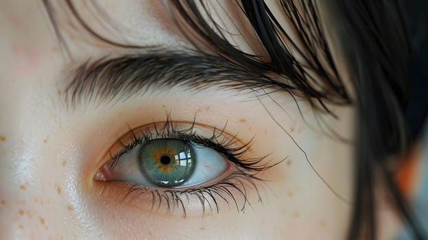 A close up of a womans green eye with freckles, accentuated by electric blue eyeliner and eyeshadow. Her lashes frame the organ of vision beautifully, while her hair drapes elegantly over her cheek