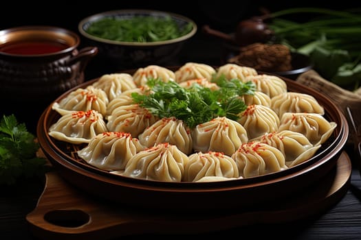 Traditional Chinese dish dumplings. Server table beautifully decorated with dish with chinese dumplings illustration