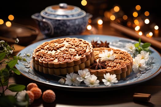 Traditional Chinese Pie. Serverted table with traditional chinese pies illustration