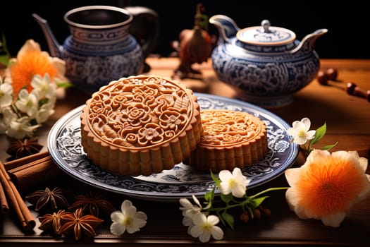 Traditional Chinese Pie. Serverted table with traditional chinese pies illustration
