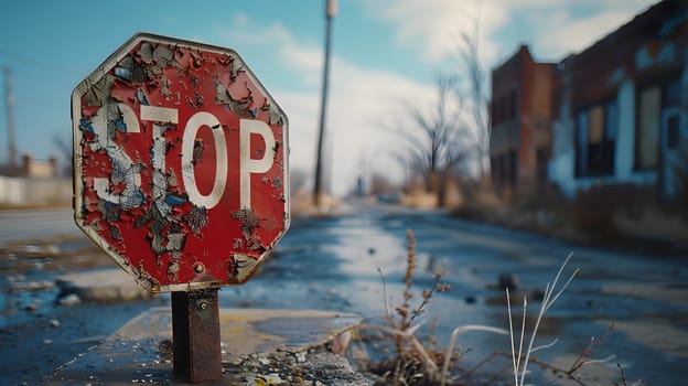 A stop sign stands on the asphalt next to a road lined with trees, under a cloudy sky. The natural landscape is enhanced by the presence of the sign