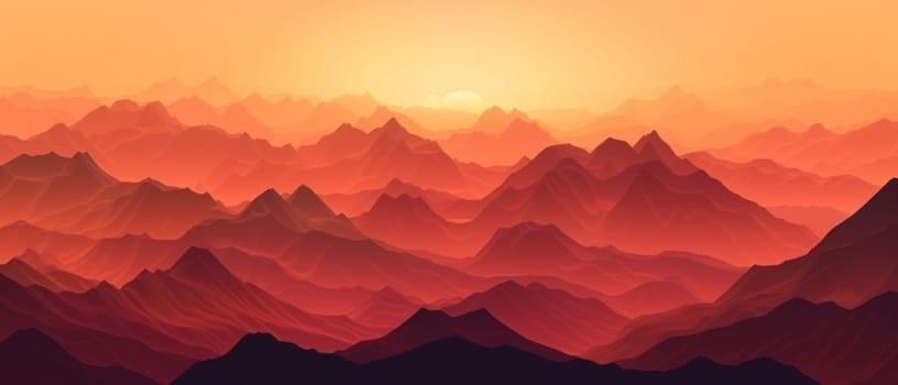 A mountain range with a sun in the sky. The mountains are orange and the sky is orange