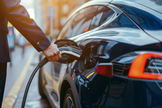 A businessman plugging in the charger in electric car, Generative AI.