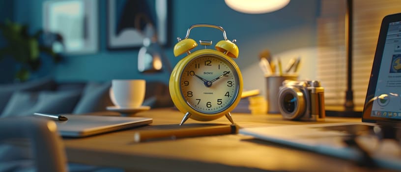 A yellow alarm clock sits on a wooden desk next to a laptop and a cup.