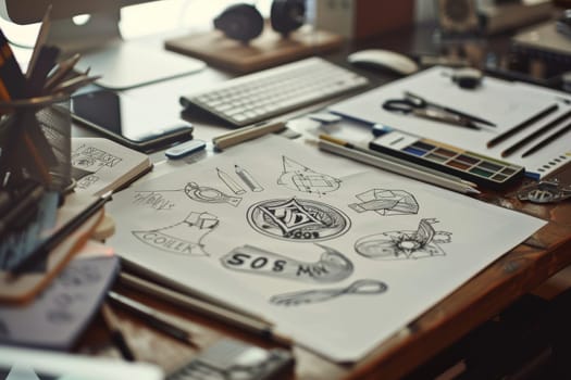 Designer desk, A desktop with sketches of logo ideas lying around, Generative AI.