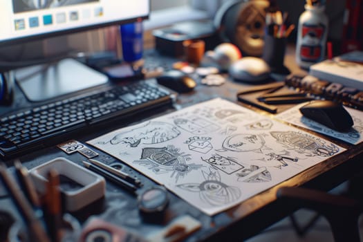 Designer desk, A desktop with sketches of logo ideas lying around, Generative AI.