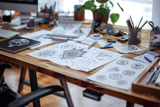 Designer desk, A desktop with sketches of logo ideas lying around, Generative AI.