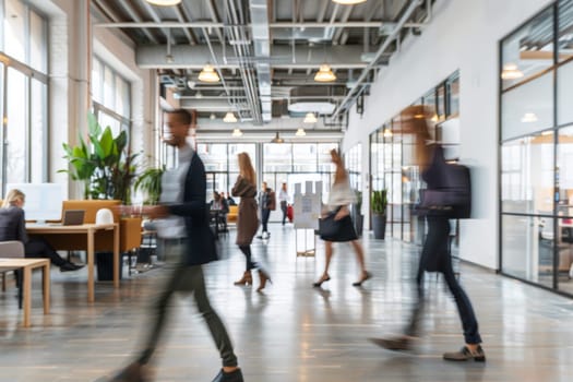 Business workplace with people in walking in blurred motion in modern office space, Generative AI.