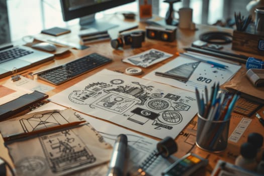 Designer desk, A desktop with sketches of logo ideas lying around, Generative AI.