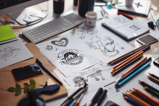 Designer desk, A desktop with sketches of logo ideas lying around, Generative AI.