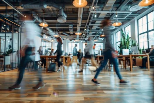 Business workplace with people in walking in blurred motion in modern office space, Generative AI.