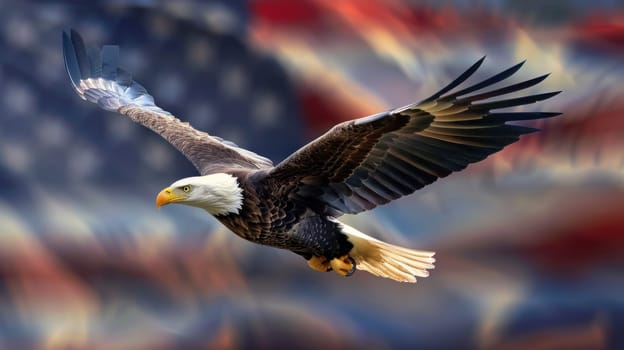 A bald eagle flying over a red, white, and blue American flag.