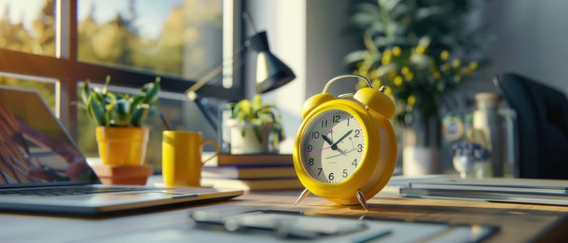 A yellow alarm clock sits on a wooden desk next to a laptop and a cup.