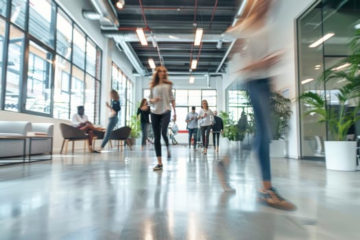 Business workplace with people in walking in blurred motion in modern office space, Generative AI.