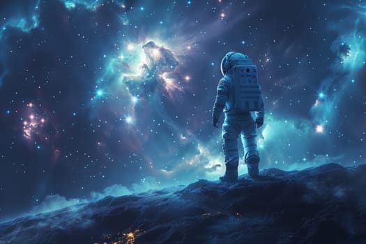 A cute astronaut standing on the moon with beautiful galaxy background, Generative AI.