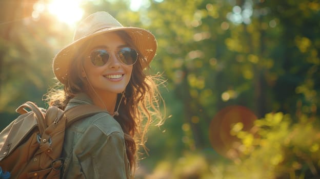 A woman wearing a hat and sunglasses is smiling and holding a backpack. Concept of adventure and outdoor exploration