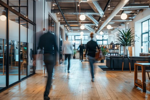 Business workplace with people in walking in blurred motion in modern office space, Generative AI.