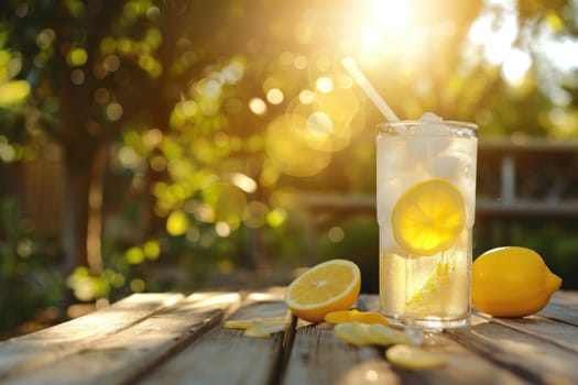 A glass of lemonade with a straw in it and a slice of lemon on the side. The glass is on a wooden table with a few slices of lemon on it