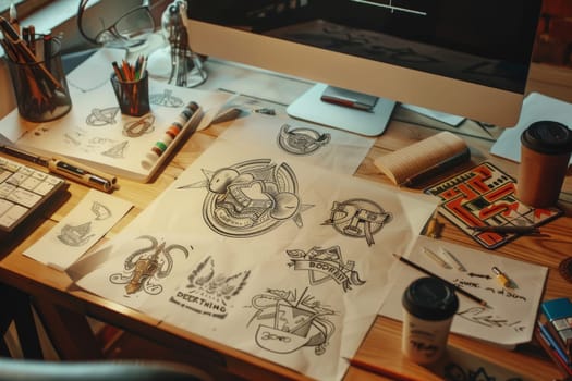 Designer desk, A desktop with sketches of logo ideas lying around, Generative AI.