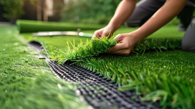 A man is laying down a piece of artificial grass.