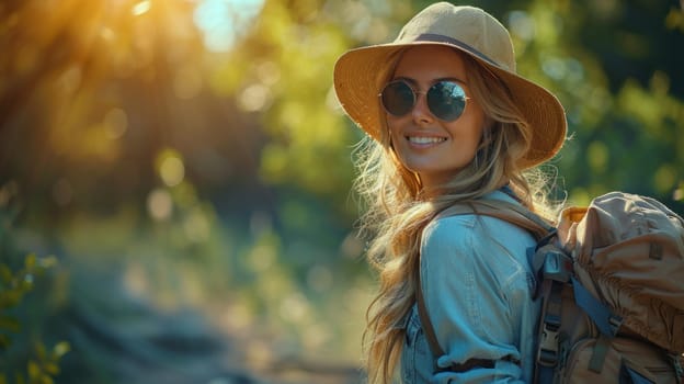 A woman wearing a hat and sunglasses is smiling and holding a backpack.